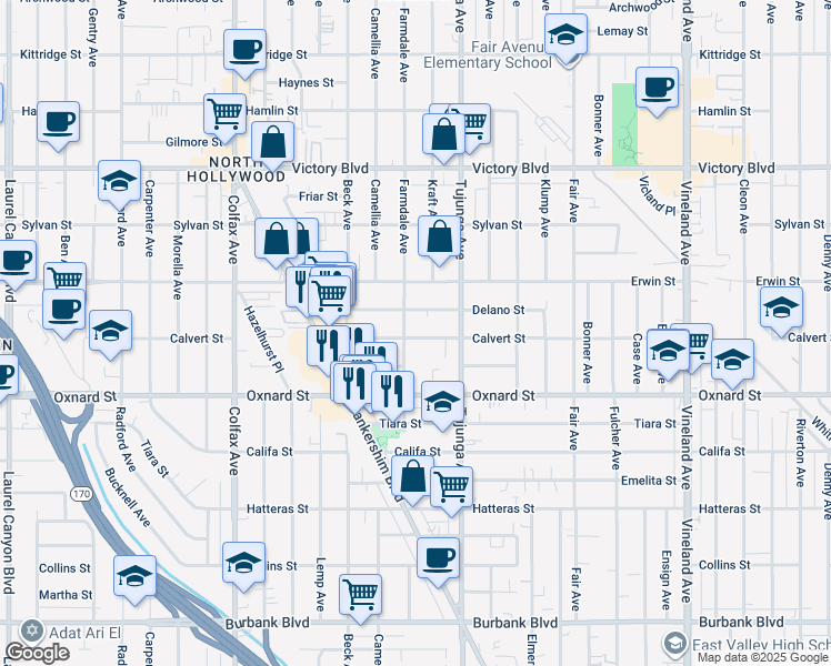 map of restaurants, bars, coffee shops, grocery stores, and more near 11453 Calvert Street in Los Angeles