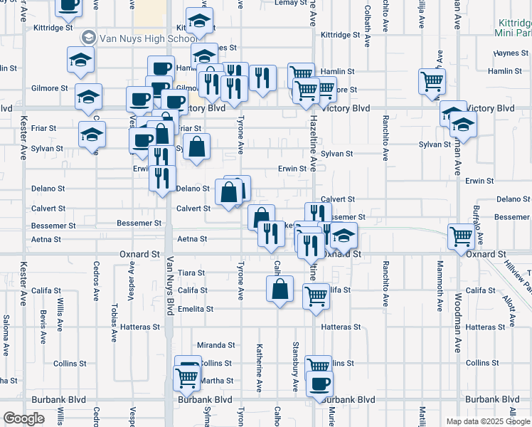 map of restaurants, bars, coffee shops, grocery stores, and more near 14223 Calvert Street in Los Angeles