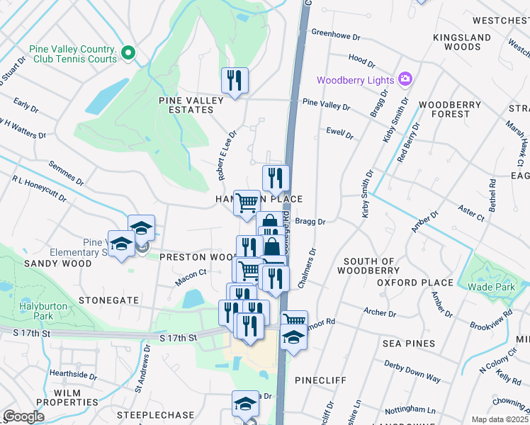 map of restaurants, bars, coffee shops, grocery stores, and more near 723 Bragg Drive in Wilmington