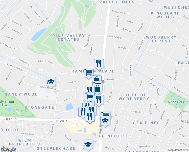 map of restaurants, bars, coffee shops, grocery stores, and more near 719 Bragg Drive in Wilmington