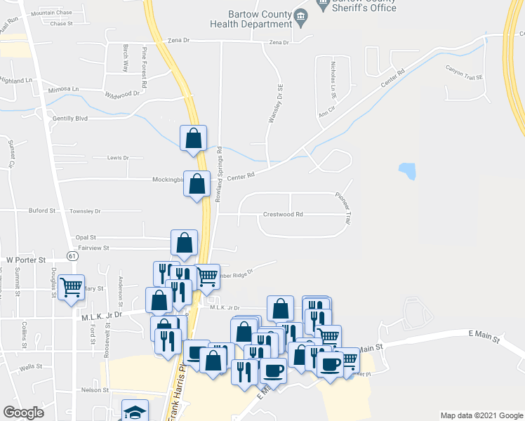 map of restaurants, bars, coffee shops, grocery stores, and more near 12 Crestwood Road in Cartersville