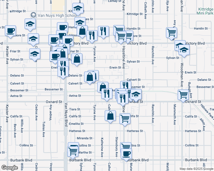 map of restaurants, bars, coffee shops, grocery stores, and more near 14223 Calvert Street in Los Angeles