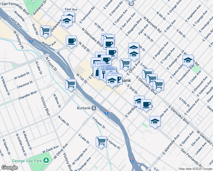 map of restaurants, bars, coffee shops, grocery stores, and more near 220 North San Fernando Boulevard in Burbank