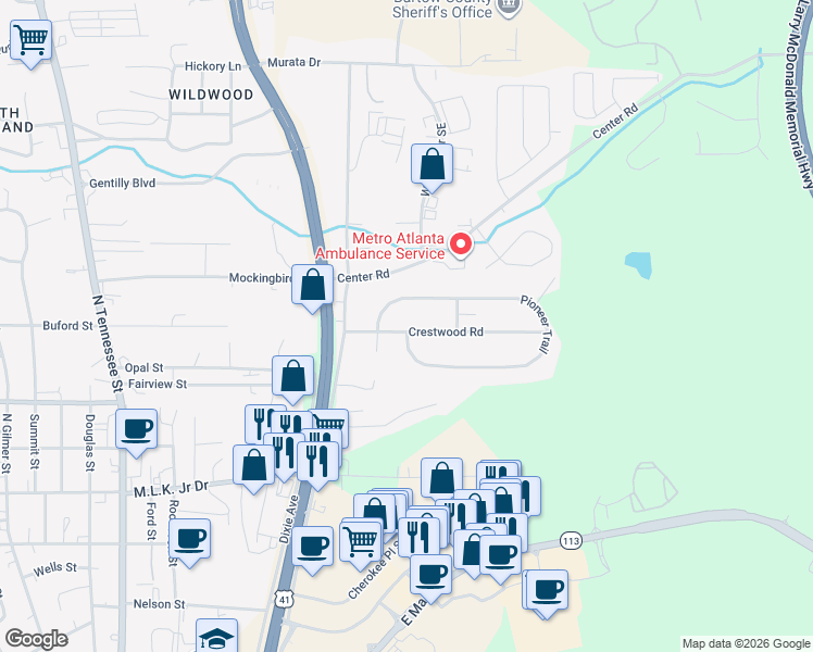 map of restaurants, bars, coffee shops, grocery stores, and more near 10 Crestwood Road in Cartersville