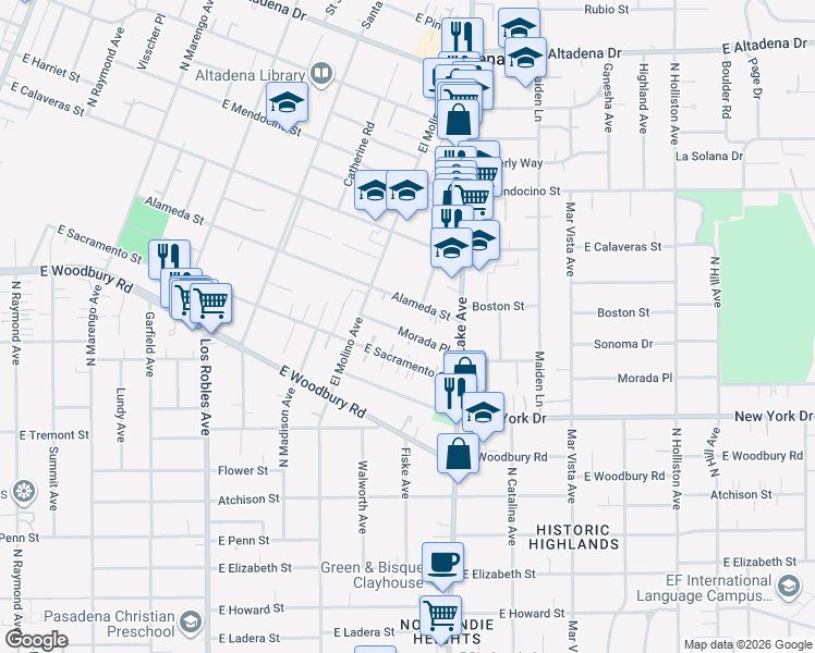 map of restaurants, bars, coffee shops, grocery stores, and more near 803 Morada Place in Altadena
