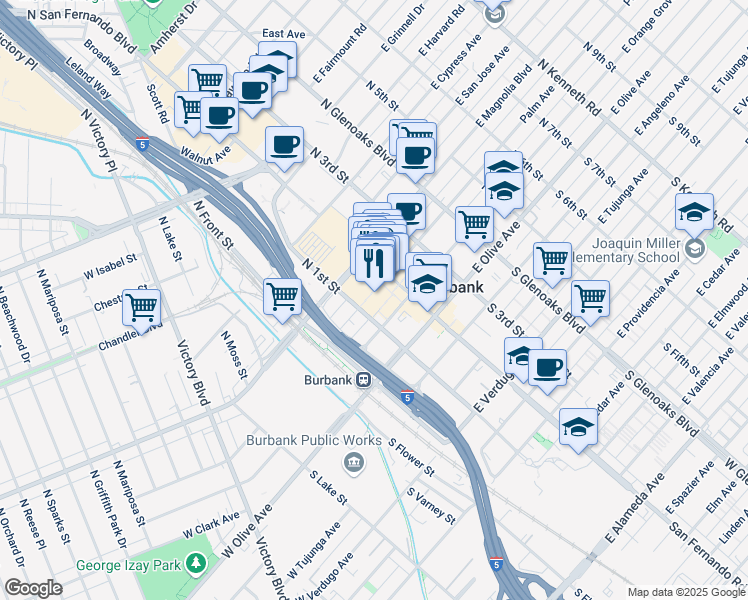 map of restaurants, bars, coffee shops, grocery stores, and more near 152 Palm Avenue in Burbank