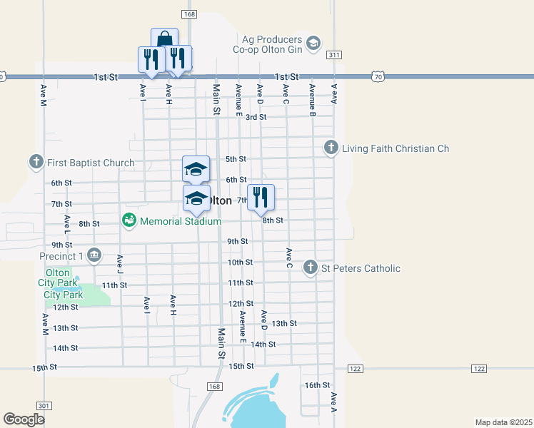 map of restaurants, bars, coffee shops, grocery stores, and more near 311 East 7th in Olton