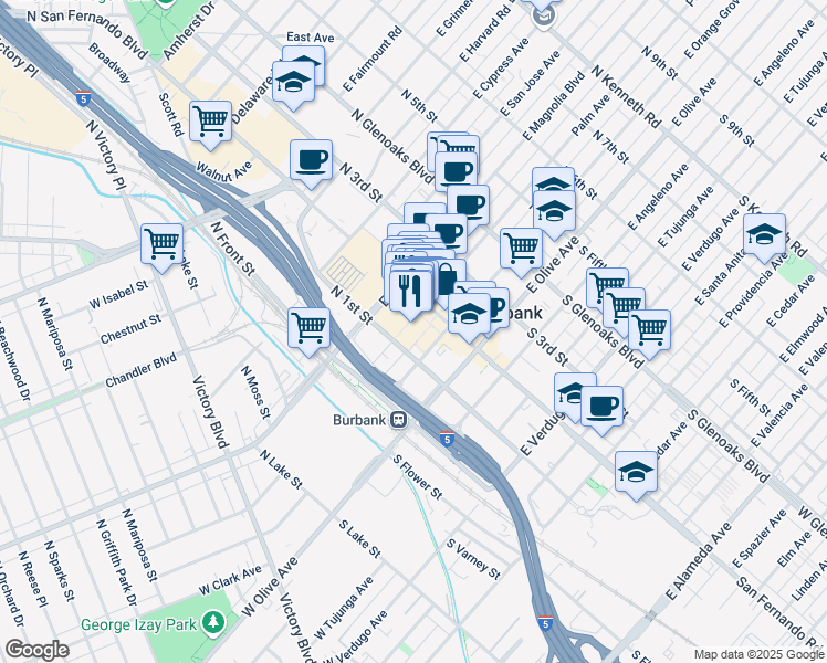 map of restaurants, bars, coffee shops, grocery stores, and more near 250 North 1st Street in Burbank