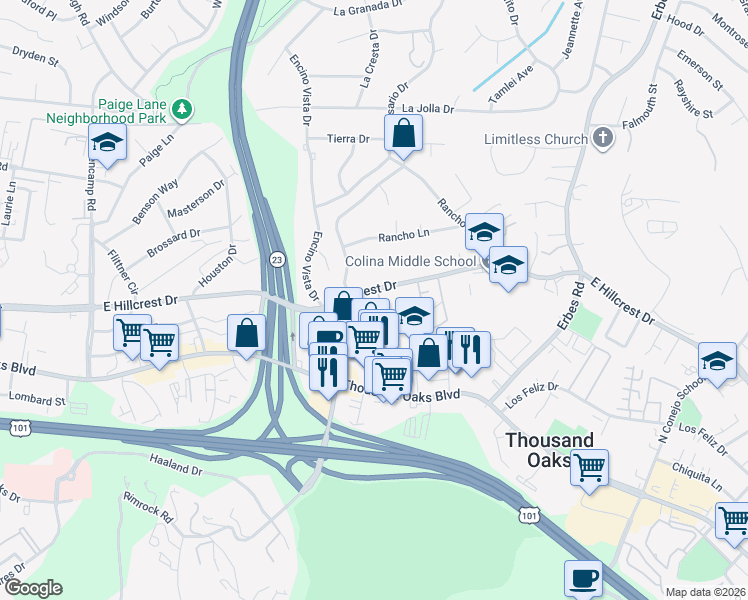 map of restaurants, bars, coffee shops, grocery stores, and more near 267 Gazania Court in Thousand Oaks