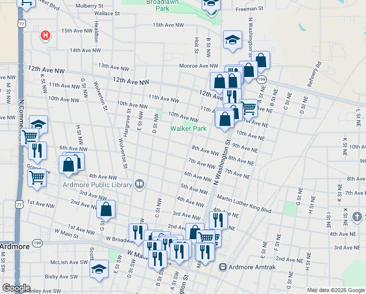 map of restaurants, bars, coffee shops, grocery stores, and more near 225 8th Avenue Northwest in Ardmore