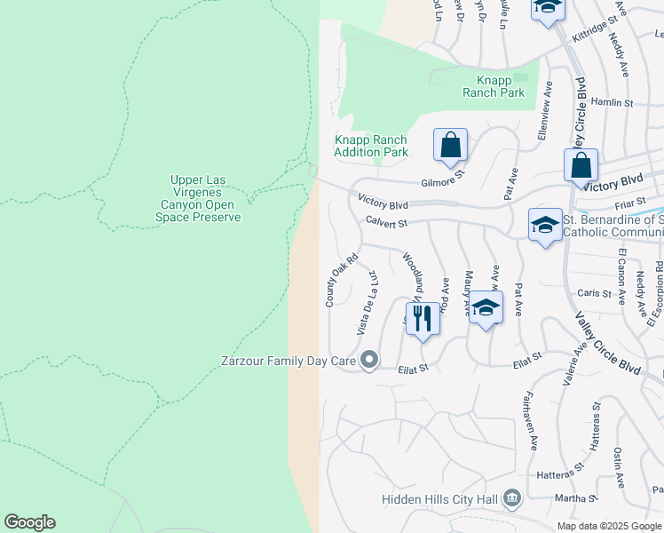 map of restaurants, bars, coffee shops, grocery stores, and more near 6021 County Oak Road in Los Angeles