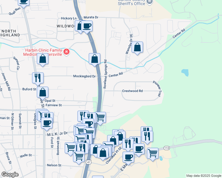 map of restaurants, bars, coffee shops, grocery stores, and more near 4 Crestwood Road in Cartersville
