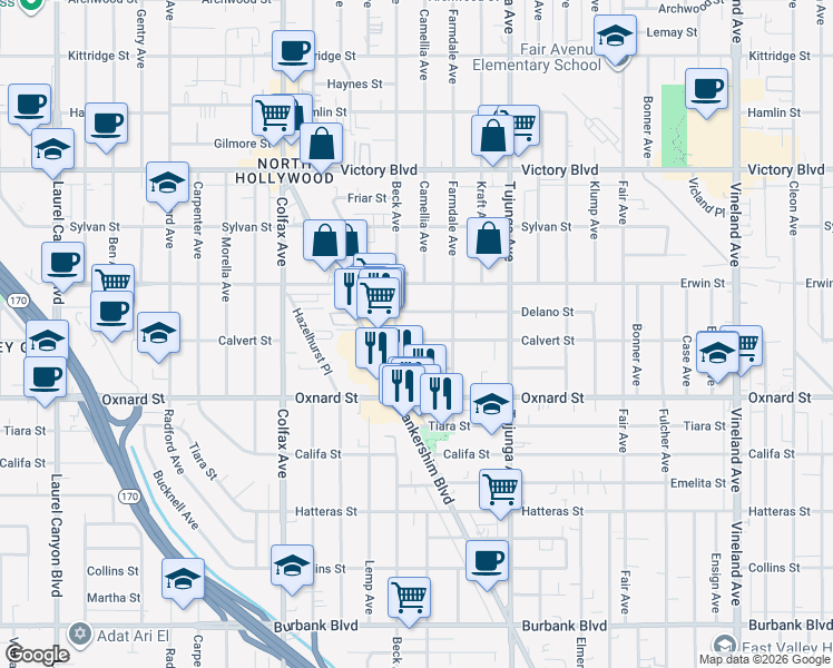 map of restaurants, bars, coffee shops, grocery stores, and more near 11509 Calvert Street in Los Angeles