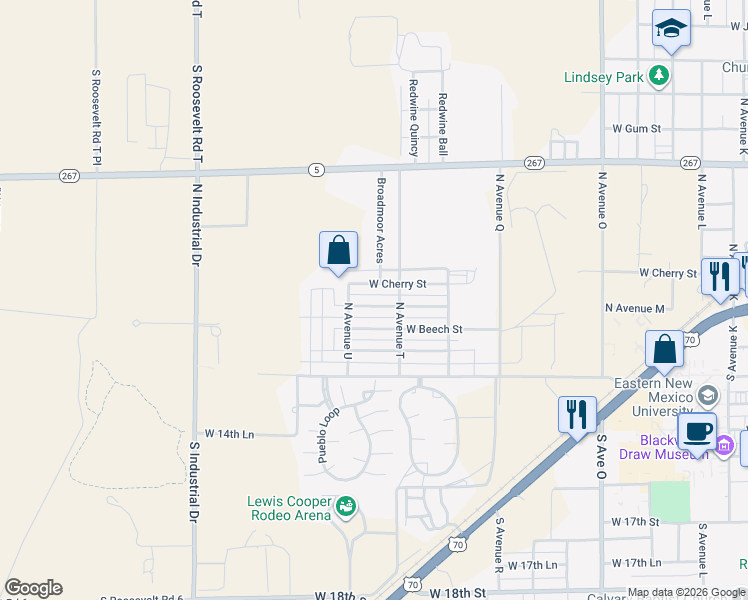 map of restaurants, bars, coffee shops, grocery stores, and more near 2105-2199 W Cherry St in Portales