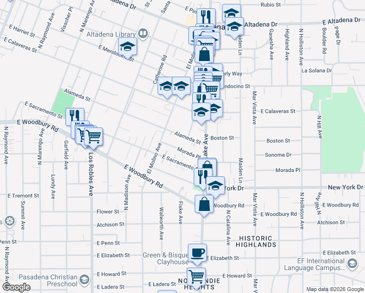 map of restaurants, bars, coffee shops, grocery stores, and more near 803 Morada Place in Altadena