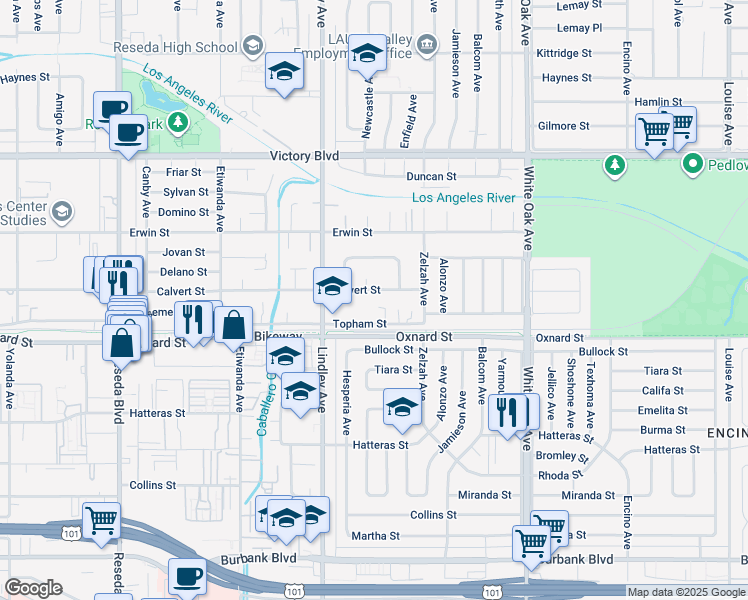 map of restaurants, bars, coffee shops, grocery stores, and more near 6201 Newcastle Avenue in Los Angeles
