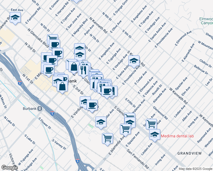 map of restaurants, bars, coffee shops, grocery stores, and more near 501 East Santa Anita Avenue in Burbank
