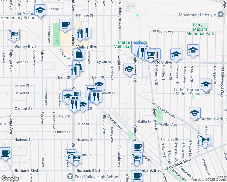 map of restaurants, bars, coffee shops, grocery stores, and more near 10739 Calvert Street in Los Angeles