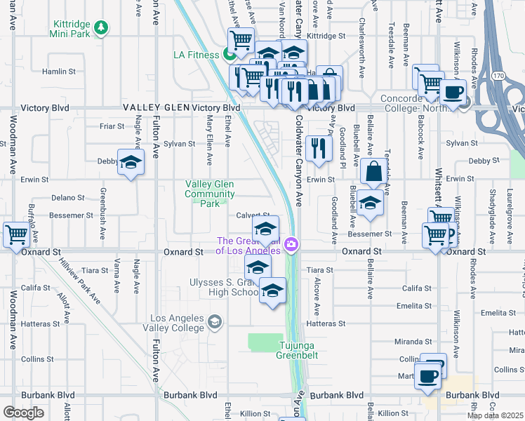 map of restaurants, bars, coffee shops, grocery stores, and more near 13003 Calvert Street in Los Angeles