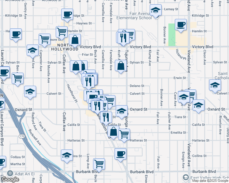 map of restaurants, bars, coffee shops, grocery stores, and more near 11451 Calvert Street in Los Angeles