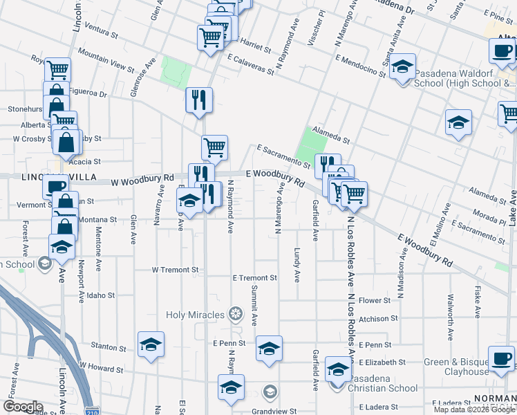 map of restaurants, bars, coffee shops, grocery stores, and more near 2074 Summit Avenue in Pasadena