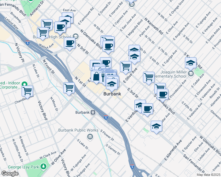 map of restaurants, bars, coffee shops, grocery stores, and more near 220 North San Fernando Boulevard in Burbank