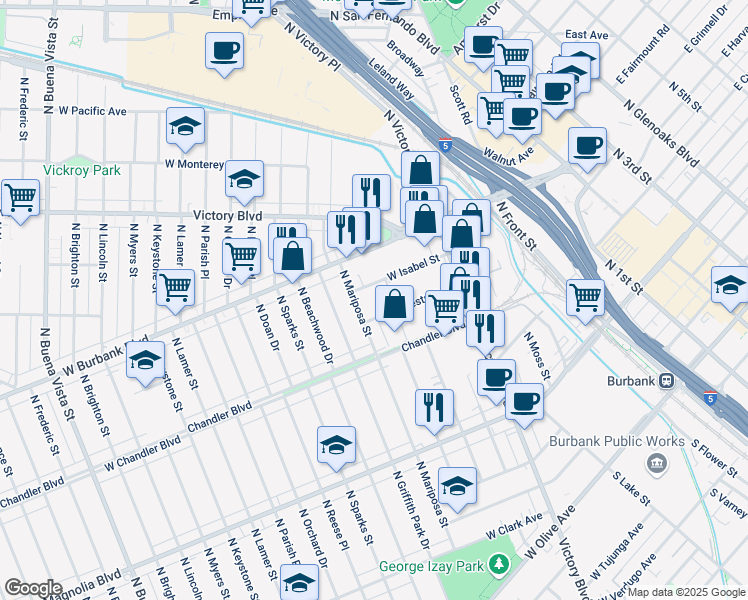 map of restaurants, bars, coffee shops, grocery stores, and more near 1177 West Isabel Street in Burbank