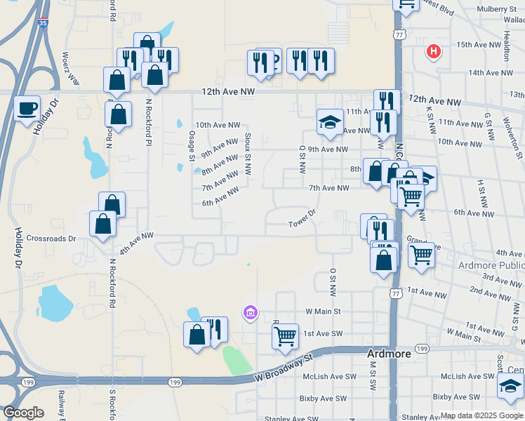 map of restaurants, bars, coffee shops, grocery stores, and more near 614 Sioux Street Northwest in Ardmore