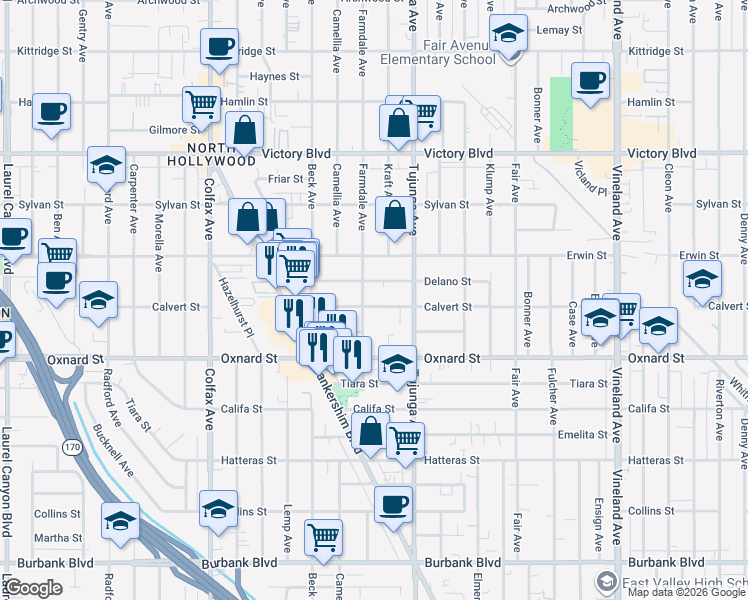 map of restaurants, bars, coffee shops, grocery stores, and more near 11451 Calvert Street in Los Angeles