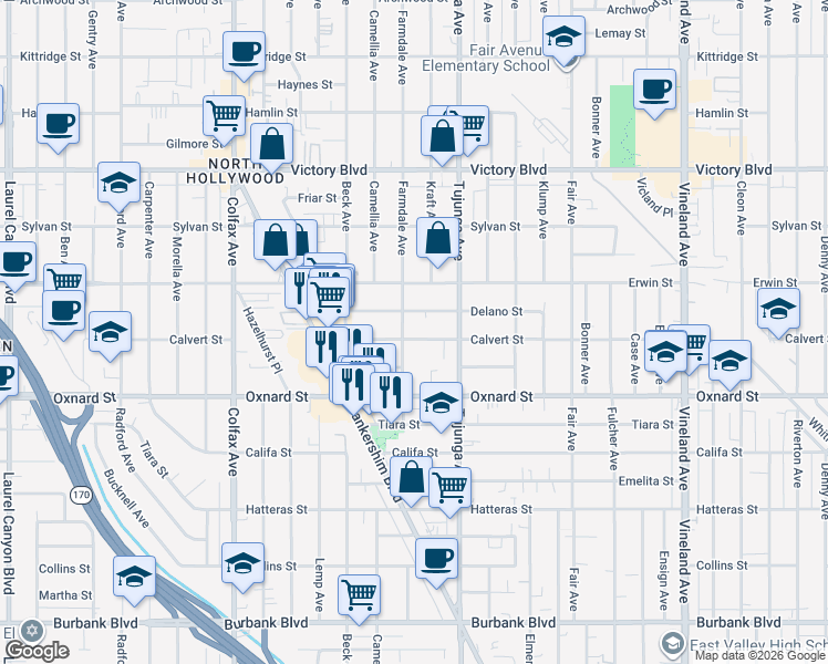 map of restaurants, bars, coffee shops, grocery stores, and more near 11453 Calvert Street in Los Angeles