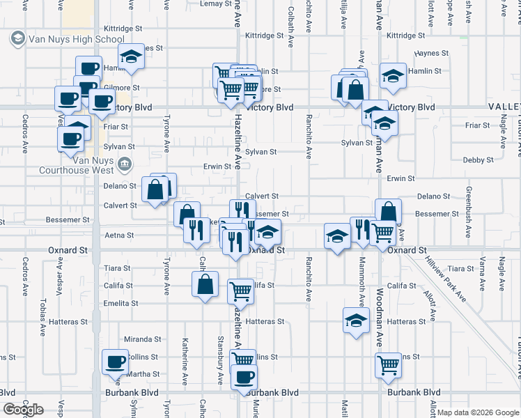 map of restaurants, bars, coffee shops, grocery stores, and more near 14021 Bessemer Street in Los Angeles