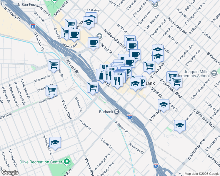 map of restaurants, bars, coffee shops, grocery stores, and more near 201 East Magnolia Boulevard in Burbank