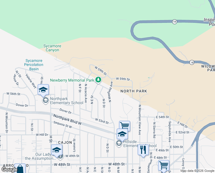 map of restaurants, bars, coffee shops, grocery stores, and more near 236 West Hill Street in San Bernardino