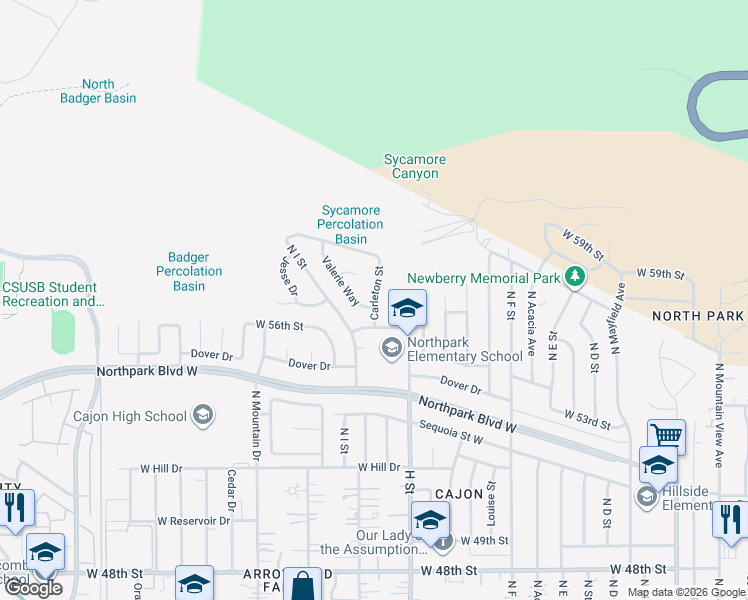 map of restaurants, bars, coffee shops, grocery stores, and more near 5779 Carleton Street in San Bernardino