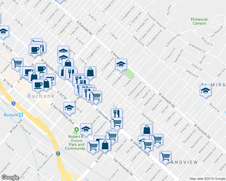 map of restaurants, bars, coffee shops, grocery stores, and more near 575 East Providencia Avenue in Burbank