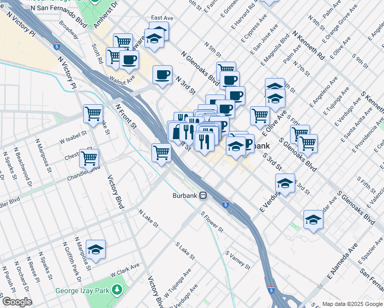 map of restaurants, bars, coffee shops, grocery stores, and more near 201 East Magnolia Boulevard in Burbank