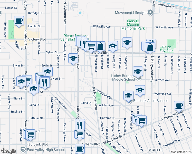 map of restaurants, bars, coffee shops, grocery stores, and more near 1921 North Manning Street in Burbank