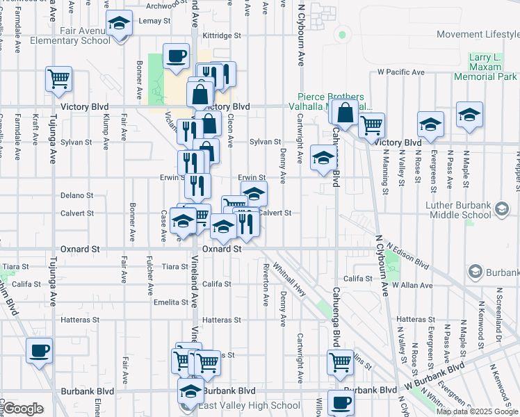 map of restaurants, bars, coffee shops, grocery stores, and more near 6122 Satsuma Avenue in Los Angeles