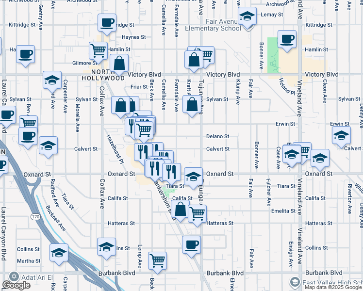 map of restaurants, bars, coffee shops, grocery stores, and more near 11472 Delano Street in Los Angeles