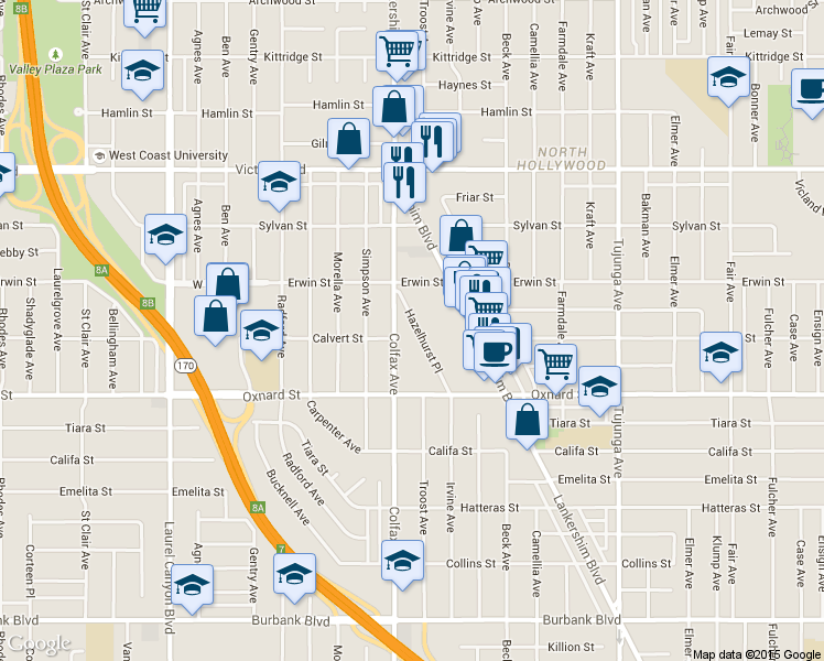 map of restaurants, bars, coffee shops, grocery stores, and more near 6122 Colfax Avenue in Los Angeles