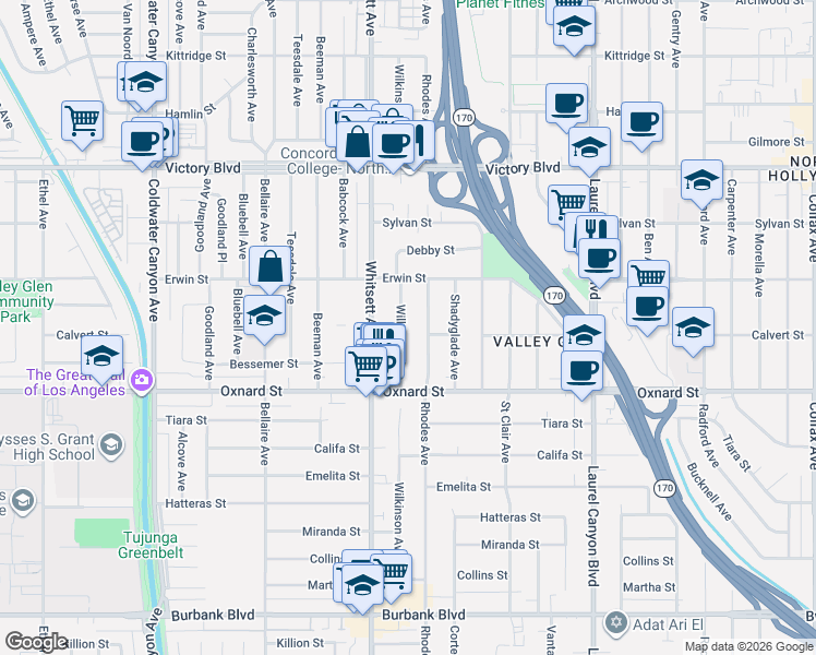 map of restaurants, bars, coffee shops, grocery stores, and more near 6124 Wilkinson Avenue in Los Angeles
