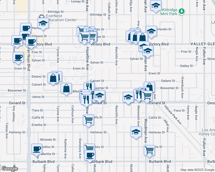 map of restaurants, bars, coffee shops, grocery stores, and more near 13938 Calvert Street in Los Angeles