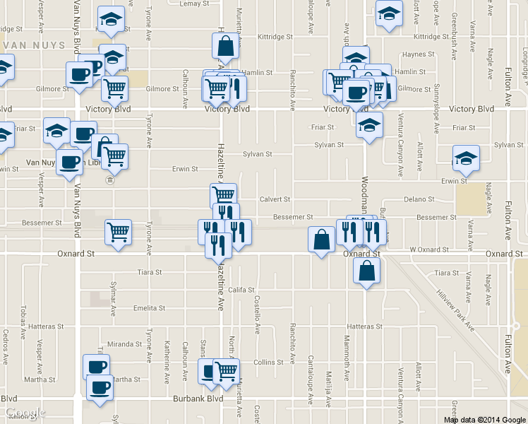 map of restaurants, bars, coffee shops, grocery stores, and more near 13938 Calvert Street in Los Angeles