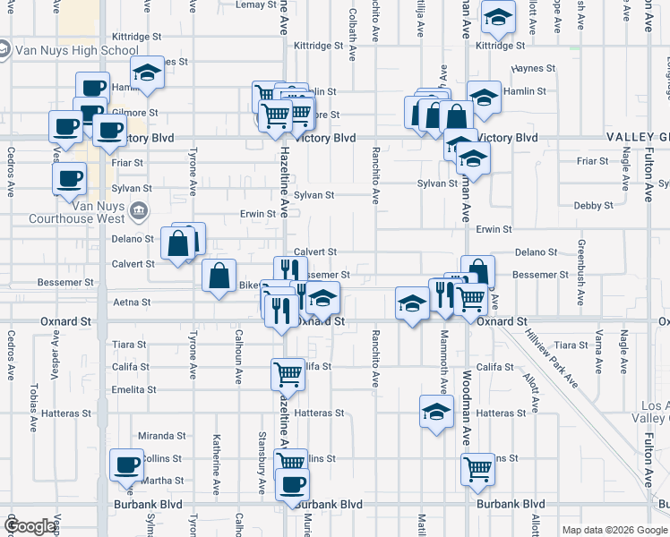 map of restaurants, bars, coffee shops, grocery stores, and more near 13938 Calvert Street in Los Angeles