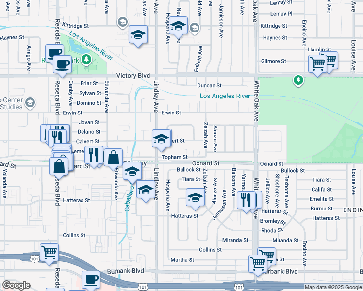 map of restaurants, bars, coffee shops, grocery stores, and more near 6201 Newcastle Avenue in Los Angeles