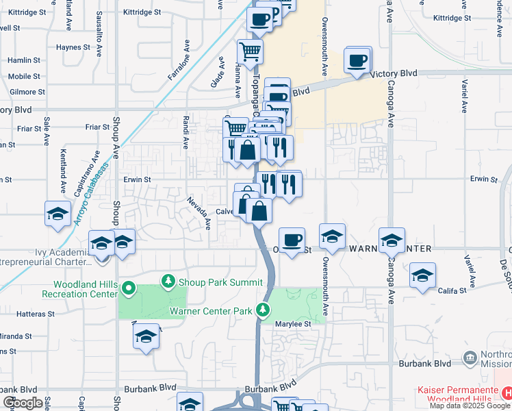 map of restaurants, bars, coffee shops, grocery stores, and more near 6133 California 27 in Los Angeles