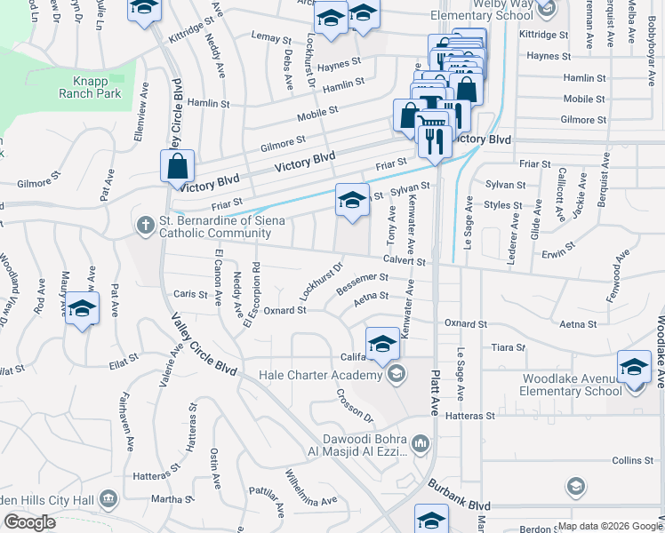 map of restaurants, bars, coffee shops, grocery stores, and more near 23934 Calvert Street in Los Angeles