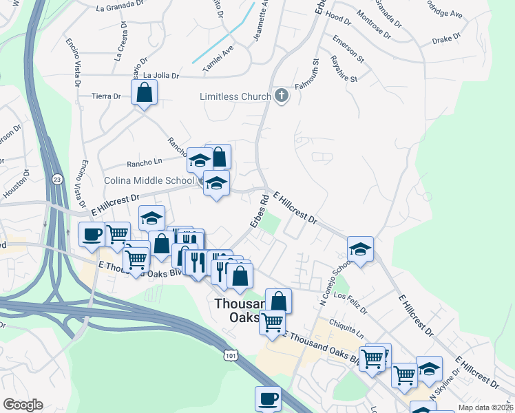 map of restaurants, bars, coffee shops, grocery stores, and more near 399 Erbes Road in Thousand Oaks