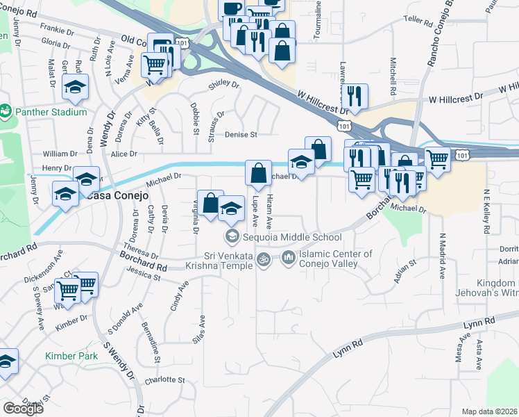 map of restaurants, bars, coffee shops, grocery stores, and more near 250 Lupe Avenue in Thousand Oaks