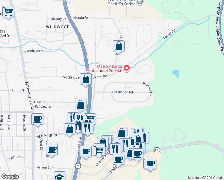 map of restaurants, bars, coffee shops, grocery stores, and more near 10 Crestwood Road in Cartersville